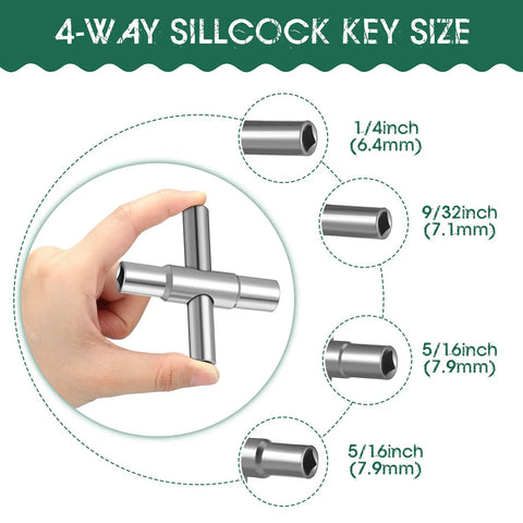 4-way sillcock water key showing square sizes 1/4, 9/32, and 5/16 inches, part of Two Pack 4 Way and 6 Way Sillcock Water Key Set Handy Multi Function Wrench for Valve Faucet Spigot Shut Off Tool Great for Plumbers and DIYers Includes Square Key Sizes 1/4 9/32 5/16 and 11/32 Inches
