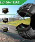Heavy Duty 9x3.50-4 Tire And Inner Tube Set With Bent Valve Stem, showing durability features and shock absorption.