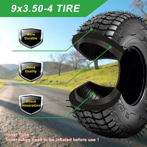 Heavy Duty 9x3.50-4 Tire And Inner Tube Set With Bent Valve Stem, showing durability features and shock absorption.