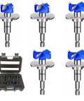 Top Notch 5 Piece Adjustable Depth Forstner Drill Bit Set With Hex Shank Carbide Tipped, sizes 15mm to 35mm for precision cuts.