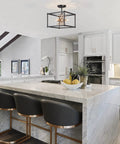 Sick Black Semi Flush Mount Ceiling Light With Dope Gold Starburst Accent in modern kitchen, matte black frame.