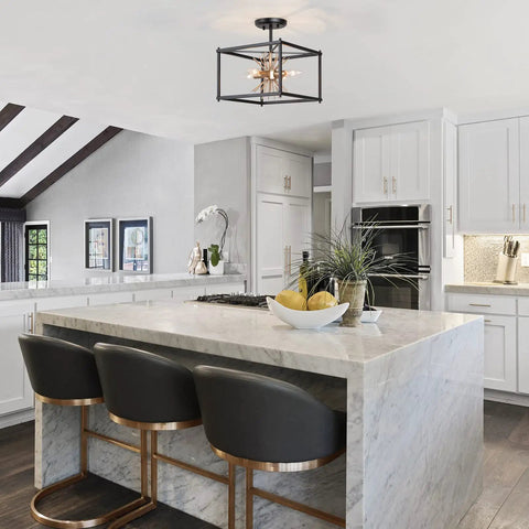 Sick Black Semi Flush Mount Ceiling Light With Dope Gold Starburst Accent in modern kitchen, matte black frame.