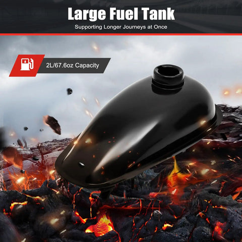 Large fuel tank for Rock Solid 53cc 4 Stroke Gas Engine Motorized Bicycle Conversion Kit, 2L capacity, designed for extended rides.