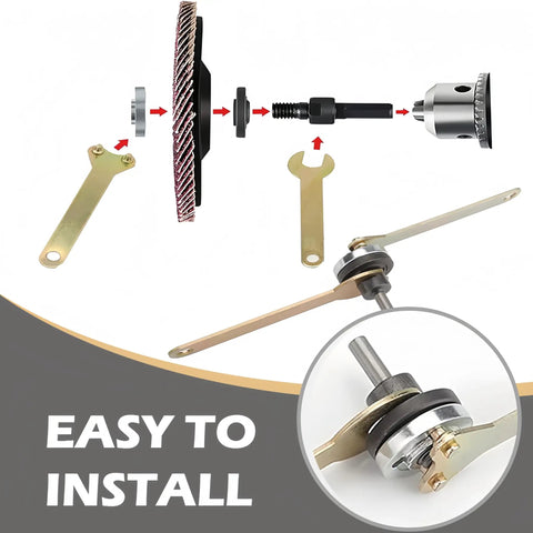 Boss Grade Angle Grinder Drill Arbor Mandrel Adapter Kit with replacement flange nuts and spanner wrench diagram