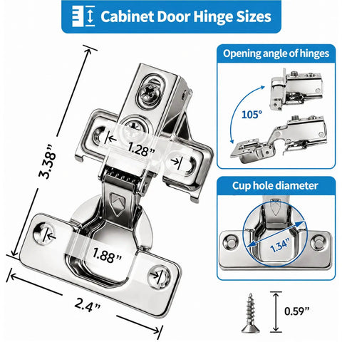 Soft Close No Slam Cabinet Hinges Pack Of 20 For One Half Inch Overlay Cabinets, diagram showing hinge dimensions and 105-degree angle