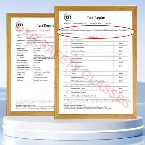 No Sweat Anti Fog Safety Glasses With ANSI Z87 Toughened Lenses UV400 Anti Scratch side view test report highlighting compliance.