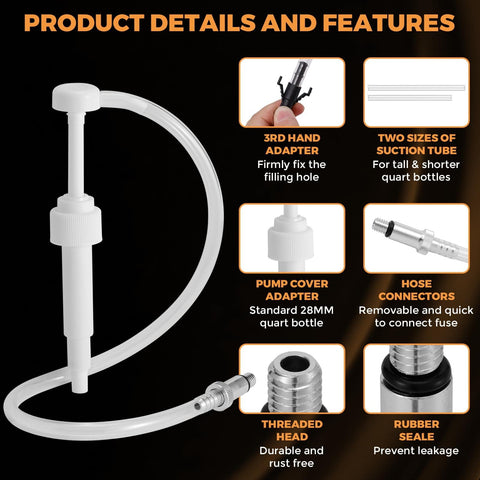 Lower Unit Gear Oil Pump For Standard Quart Bottles With 28mm Caps, includes various adapters and hose, detailed product features