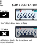 Comparison of Legit Real Carbon Fiber License Plate Frame Glossy Black showing slim edge feature vs wide edge blocking details.