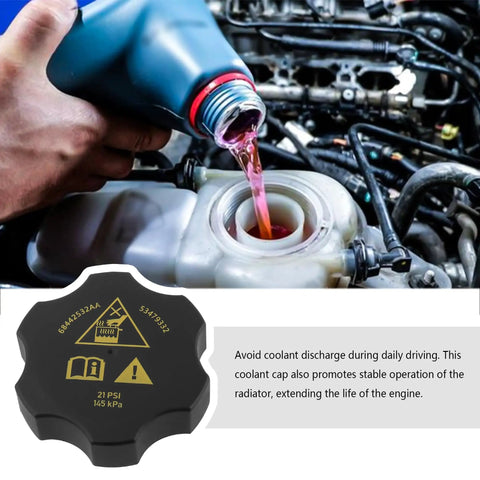 Radiator Cap Replacement For Chrysler Dodge Jeep Ram OEM 53479332AA showing installation on coolant reservoir
