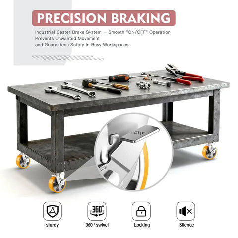 Built Tough Six Inch Heavy Duty Caster Wheels Set Of Four With Secure Lock Plates Rock Solid Six Thousand Pound Lift Capacity For Shop Carts Workbenches And Utility Dollies In Bright Orange Finish on workbench with tools.