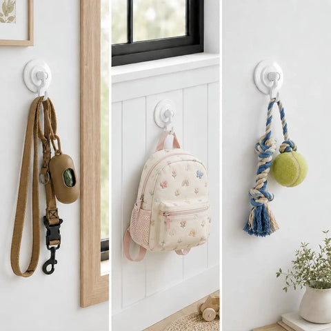 Heavy Duty Adhesive Swivel Hooks Four Pack No Drill Rotating Wall Mounts for hanging leashes, bags, and toys.