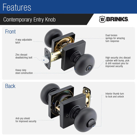 Front and back view of Easy Install Keyed Entry Door Knob Set In Matte Black For Modern Homes with sleek ball style locking detail.