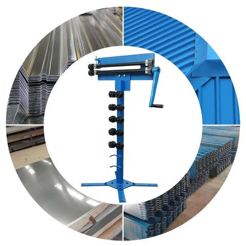 Heavy Duty Bead Roller Kit With Stand For Sheet Metal Beading and Flanging Includes Six Die Sets shown with blue steel frame