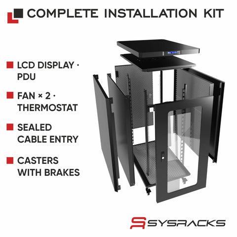 Quiet Sound Dampened 19 Inch Server Rack Cabinet With Dual Exhaust Fans, locking door, and installation kit components visible