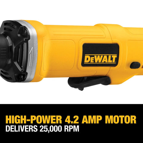 Yellow corded die grinder with 1-1/2 inch wheel and 4.2 amp motor, shown close-up with RPM details on display.
