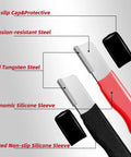 Two Piece Garden Tool Sharpener Kit For Knives Hedge Shears Pruners Scissors Loppers And More Compact Portable Mini Stone with protective caps and steel tungsten tips, shown with details of construction materials.