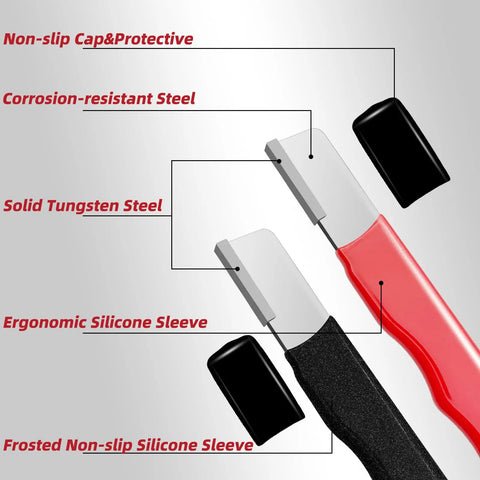 Two Piece Garden Tool Sharpener Kit For Knives Hedge Shears Pruners Scissors Loppers And More Compact Portable Mini Stone with protective caps and steel tungsten tips, shown with details of construction materials.