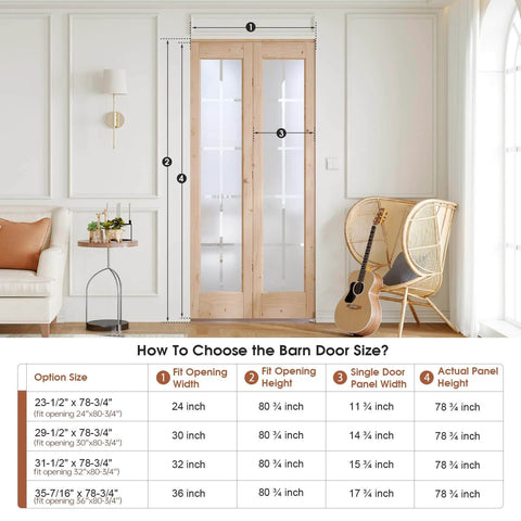 Bi-Fold Doors For 36 By 80 Opening With Tempered Frosted Glass Cross Panels, Concealed Hardware Kit, Wood French Barn Style