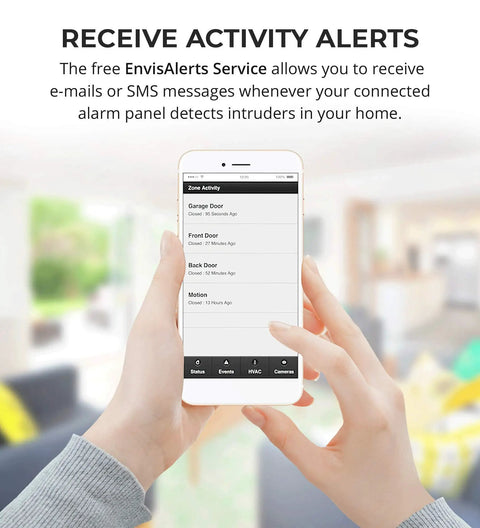 Hands holding smartphone displaying alerts, related to EVL 4EZR IP Security Interface Module for DSC and Honeywell Alarm Systems.
