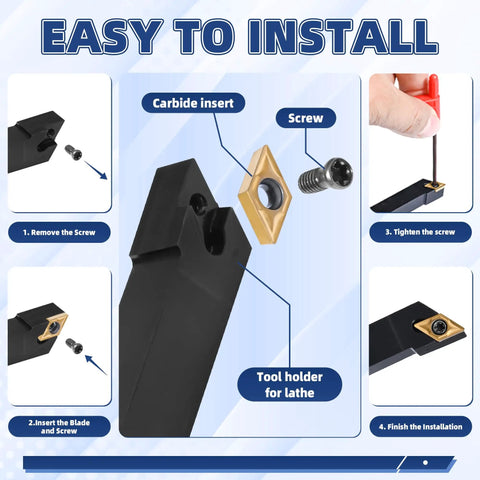 All In One 21 Piece Indexable Lathe Tool Set With Seven Three Eighths Inch Tool Holders And Fourteen Carbide Inserts installation diagram.