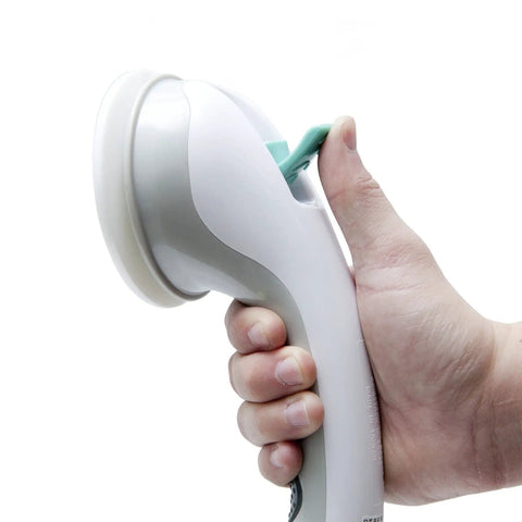 Hand holding Suction Grip Bathtub And Shower Safety Handle White 24 Inch Non Slip Grab Bar No Tools Install