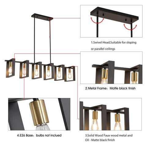 Six Light Modern Farmhouse Kitchen Island Pendant Light With Black Metal Frames And Wood Accents Big 50 Inch Chandelier details