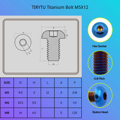 TIRYTU titanium bolt M5x12 burnt blue with hex socket head, front view showing size chart.