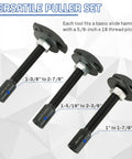 Rear Axle Bearing Remover Puller Slide Hammer Set Built Tough for Auto Repair 3 Piece Kit With Three Sizes for Easy Bearing Extraction Heavy Duty Cast Steel Construction Blackened Finish Long Lasting Pro Grade with labeled measurements