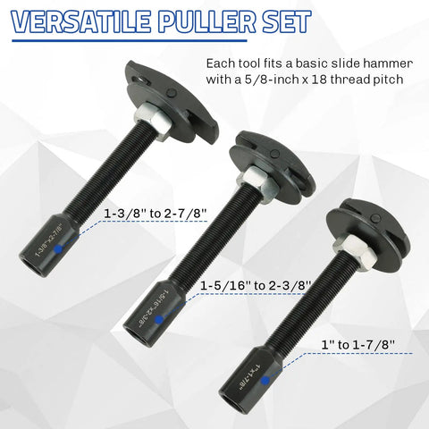 Rear Axle Bearing Remover Puller Slide Hammer Set Built Tough for Auto Repair 3 Piece Kit With Three Sizes for Easy Bearing Extraction Heavy Duty Cast Steel Construction Blackened Finish Long Lasting Pro Grade with labeled measurements