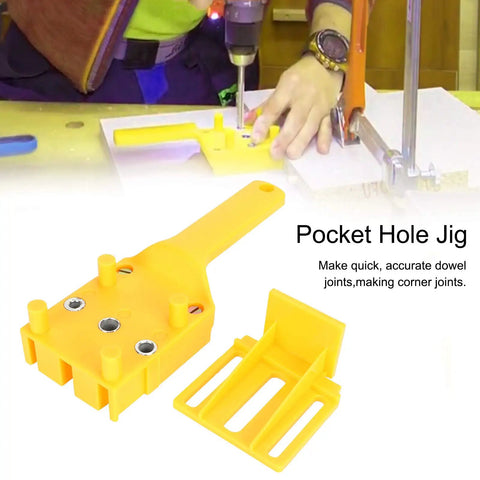 Rock Solid Doweling Jig Kit 38 Piece Self Centering Woodworking Drill Guide showcasing bright yellow pocket hole jig in use.