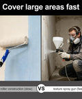 Top Shelf Texture Paint Sprayer With One Point Five Gallon Hopper And Three Quick Swap Nozzles For Knockdown Popcorn Orange Peel Wall Ceiling Patch Work Includes Hardcore Elbow Hose shown in use for fast drywall application.