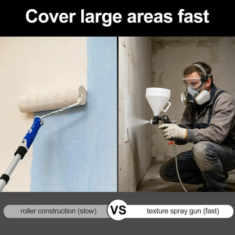 Top Shelf Texture Paint Sprayer With One Point Five Gallon Hopper And Three Quick Swap Nozzles For Knockdown Popcorn Orange Peel Wall Ceiling Patch Work Includes Hardcore Elbow Hose shown in use for fast drywall application.