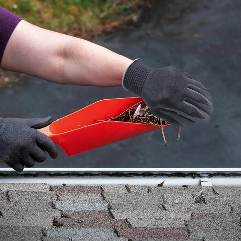 Deep Curved Gutter Scoop For Leaves And Debris, Ergonomic Handle Fights Clogs, High Impact Polypropylene Construction, Easy Cleanup And Quick Debris Dump, Fits Most Rain Gutters For Faster Water Flow, red gutter scoop removing leaves