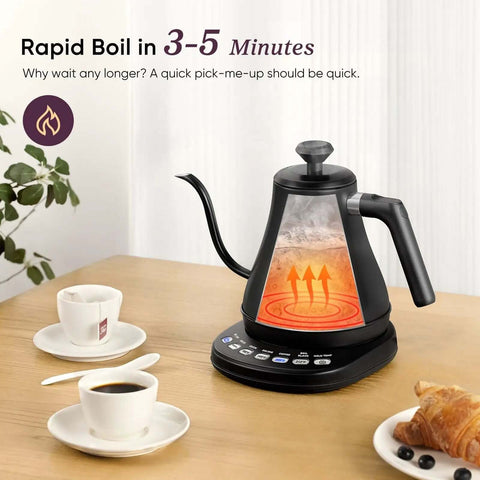 Gooseneck Electric Kettle With 5 Temperature Presets for Coffee and Tea, 0.8L Capacity, 1200W Rapid Boil on kitchen table