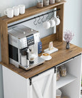 White Farmhouse Coffee Bar Cabinet With Hutch Sliding Barn Door 31 Inch Buffet With Six Mug Hooks And Adjustable Shelves corner view with coffee machine and mugs