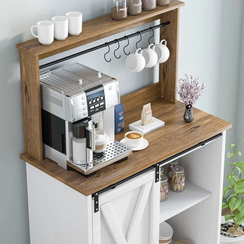 White Farmhouse Coffee Bar Cabinet With Hutch Sliding Barn Door 31 Inch Buffet With Six Mug Hooks And Adjustable Shelves corner view with coffee machine and mugs