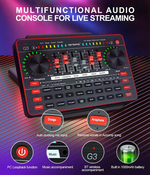 All-In-One Podcast Studio Bundle With Audio Mixer And Sound Card featuring G3 audio interface with controls and live streaming features.