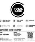 Total Care customer support image showing contact details, service features, and support options with phone, email, and WhatsApp.