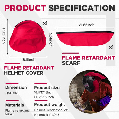 Product specification showing red Flame Retardant Welding Helmet Cover and Scarf, dimensions, material on display