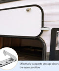 Heavy Duty Stainless Steel RV Compartment Door Latch 3 Pack installed on open baggage door of trailer with rust resistant finish.