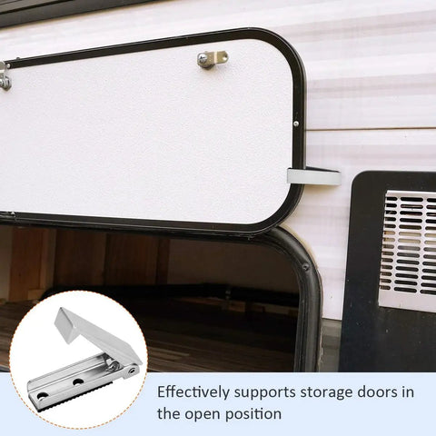 Heavy Duty Stainless Steel RV Compartment Door Latch 3 Pack installed on open baggage door of trailer with rust resistant finish.