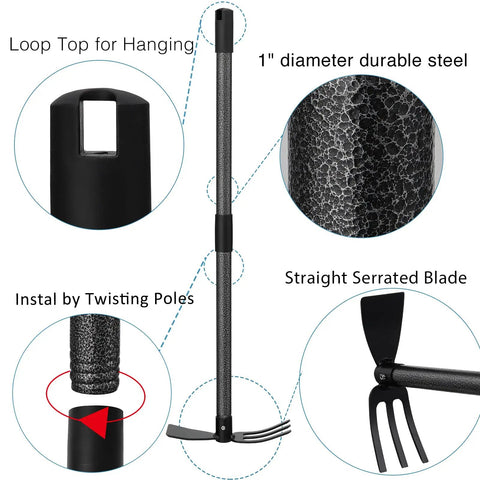 Beefy Heavy Duty Garden Hoe And Cultivator With Adjustable 45 Inch Handle Stainless Steel Head And 3 Fork Hand Tiller details