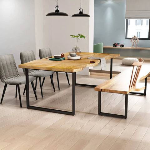 Heavy Duty Metal Table Legs 28 Inch High 35 Inch Wide Set Of 2 Built Tough As Nails To Handle 1200 Lbs Load Capacity Modern Industrial Desk Supports For Home Or Office in a dining setting with wooden top.