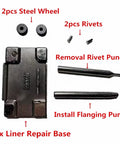 Complete 5 Piece Lighter Repair Tool Kit With Heavy Duty Steel Wheel Rivet Punch Set And Secure Fix Base For Inner Liner Restoration showing tools and parts.