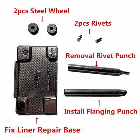 Complete 5 Piece Lighter Repair Tool Kit With Heavy Duty Steel Wheel Rivet Punch Set And Secure Fix Base For Inner Liner Restoration showing tools and parts.