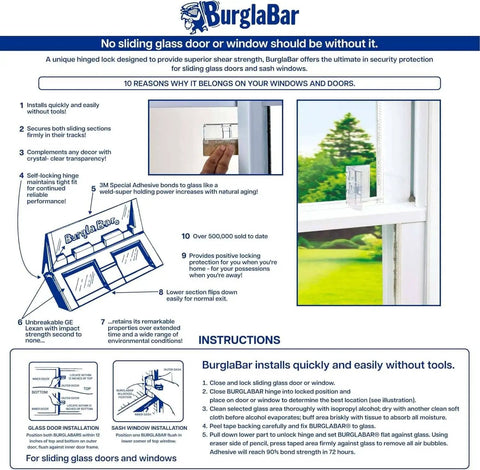 Diagram and instructions for Burglabar sliding glass door and window security lock installation
