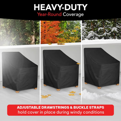 UV Proof Waterproof Outdoor Furniture Cover For 24L x 24W x 36H Black, protecting chairs in different weather conditions.