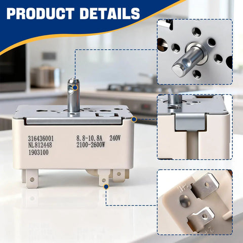 8 Inch Range Infinite Switch Replacement for Electric Ovens and Stoves Burner Control with product details shown