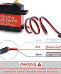 20Kg High Torque Digital Servo With Waterproof Metal Gear, wiring guide for RC cars and robots, DS3218 model with warning label.