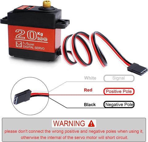 20Kg High Torque Digital Servo With Waterproof Metal Gear, wiring guide for RC cars and robots, DS3218 model with warning label.